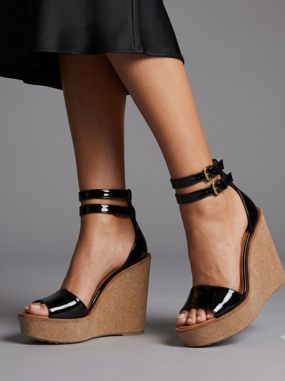 Pierre Hardy Black Patent Leather Cork Wedge Heels Size 40 Buckle Strap